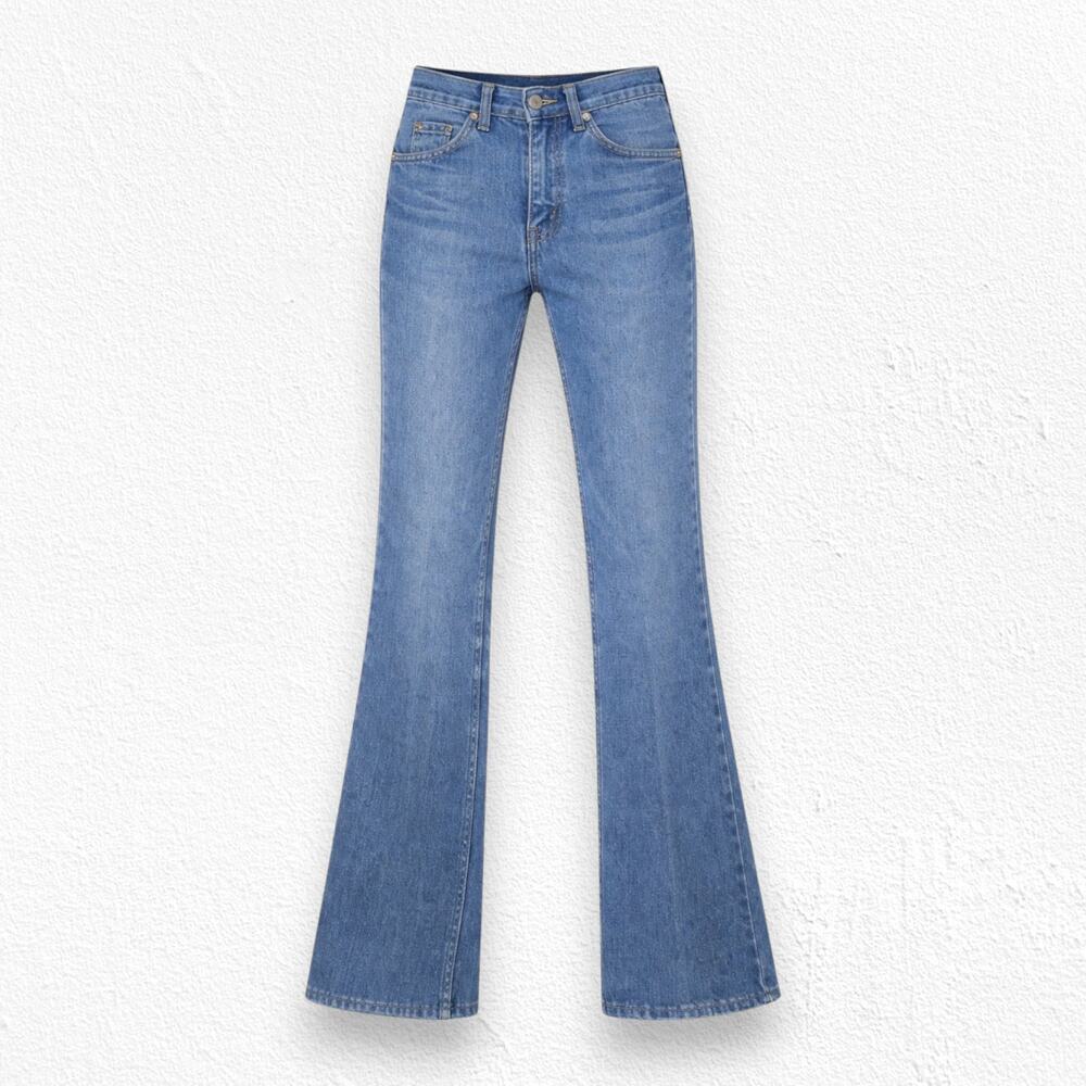 Vintage 70s Medium Wash High Rise Flare Jeans USA Western Bootcut Denim Size 26